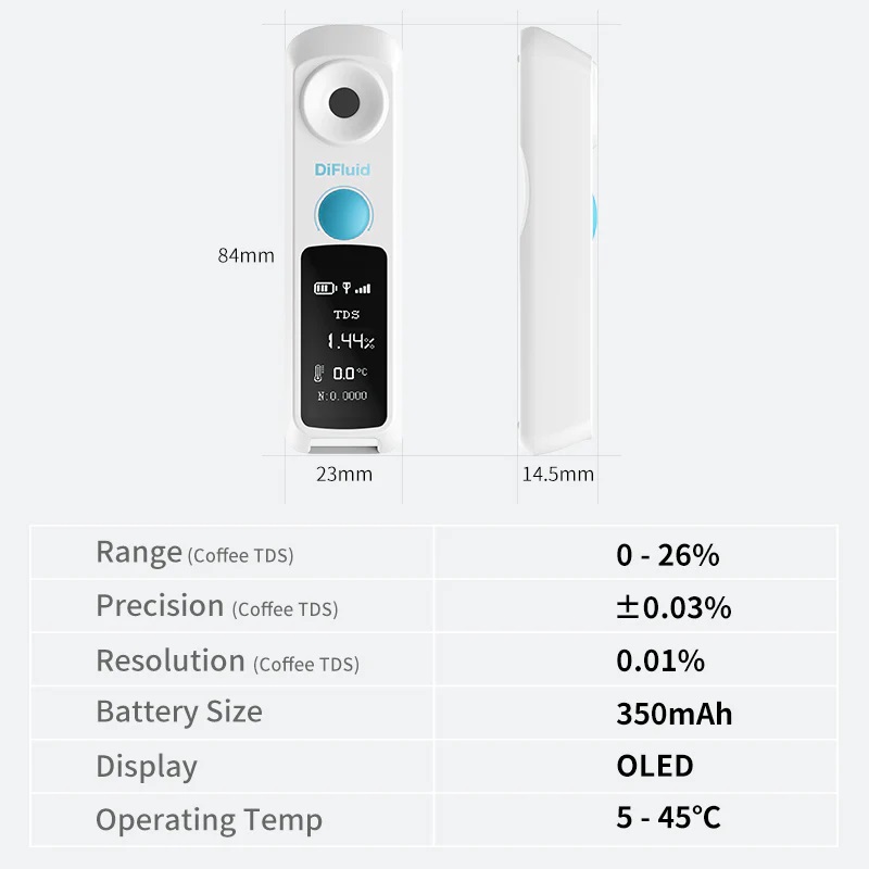 DiFluid Coffee TDS Refractometer, Save Data & Rechargeable Coffee TDS Meter  with Range 0-26%,Precision ±0.03%, 0.01% Resolution, Portable, Waterproof -  Yahoo Shopping